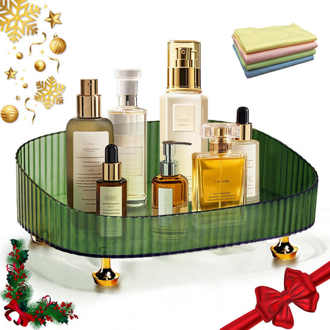 Perfume Organizer with Dust Cloth, Space-Saving Bathroom Cosmetic Tray with Gold Stands for Dresser, Skincare Lotion & Makeup Holder for Vanity, Bedroom, and Countertop (Green)