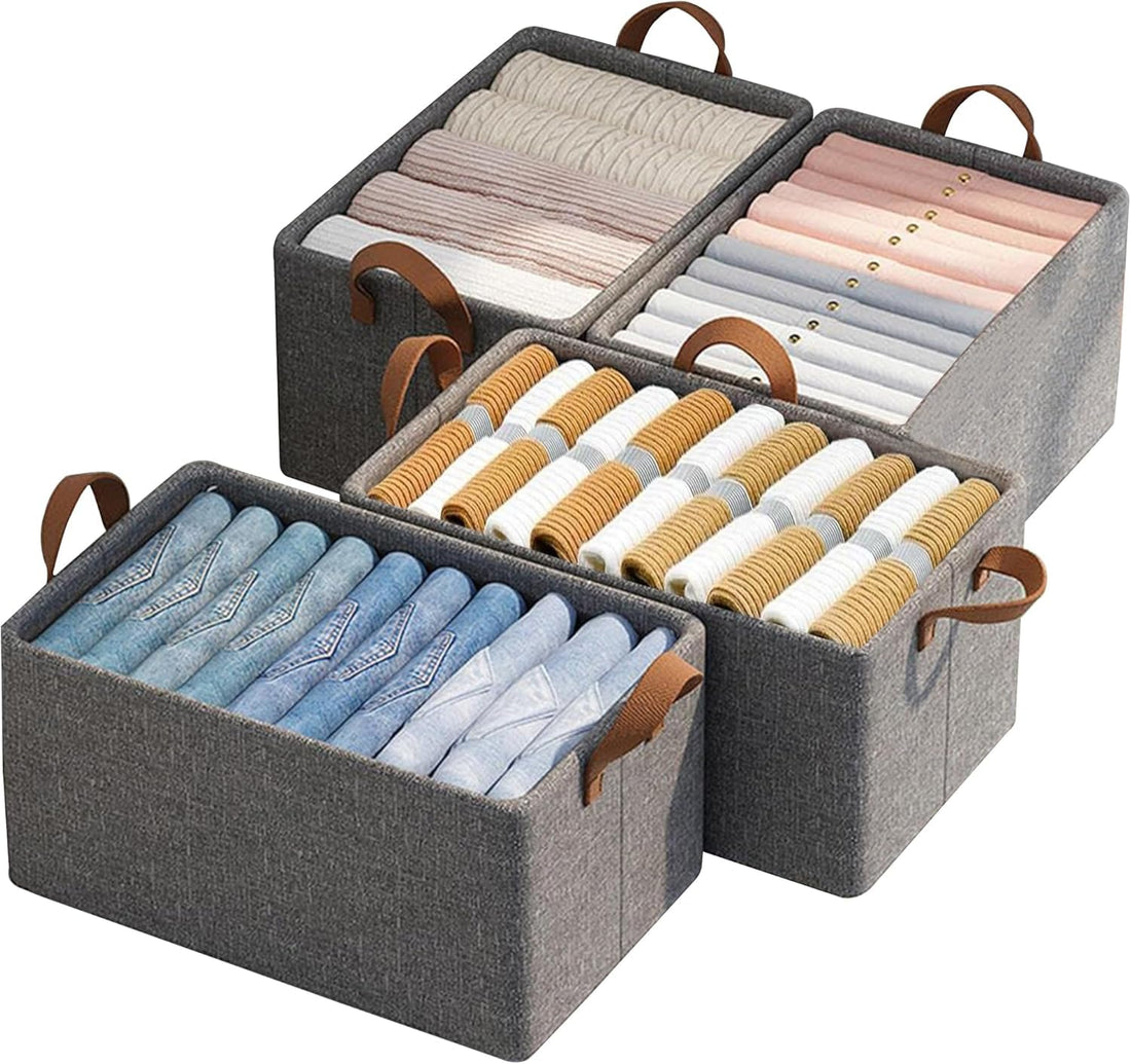 Foldie Clothes Organizer For Wardrobe Large Size Space Saver Bin Foldable Basket for Storage Box with Metal Frame & Handle - Grey (Pack of 4)