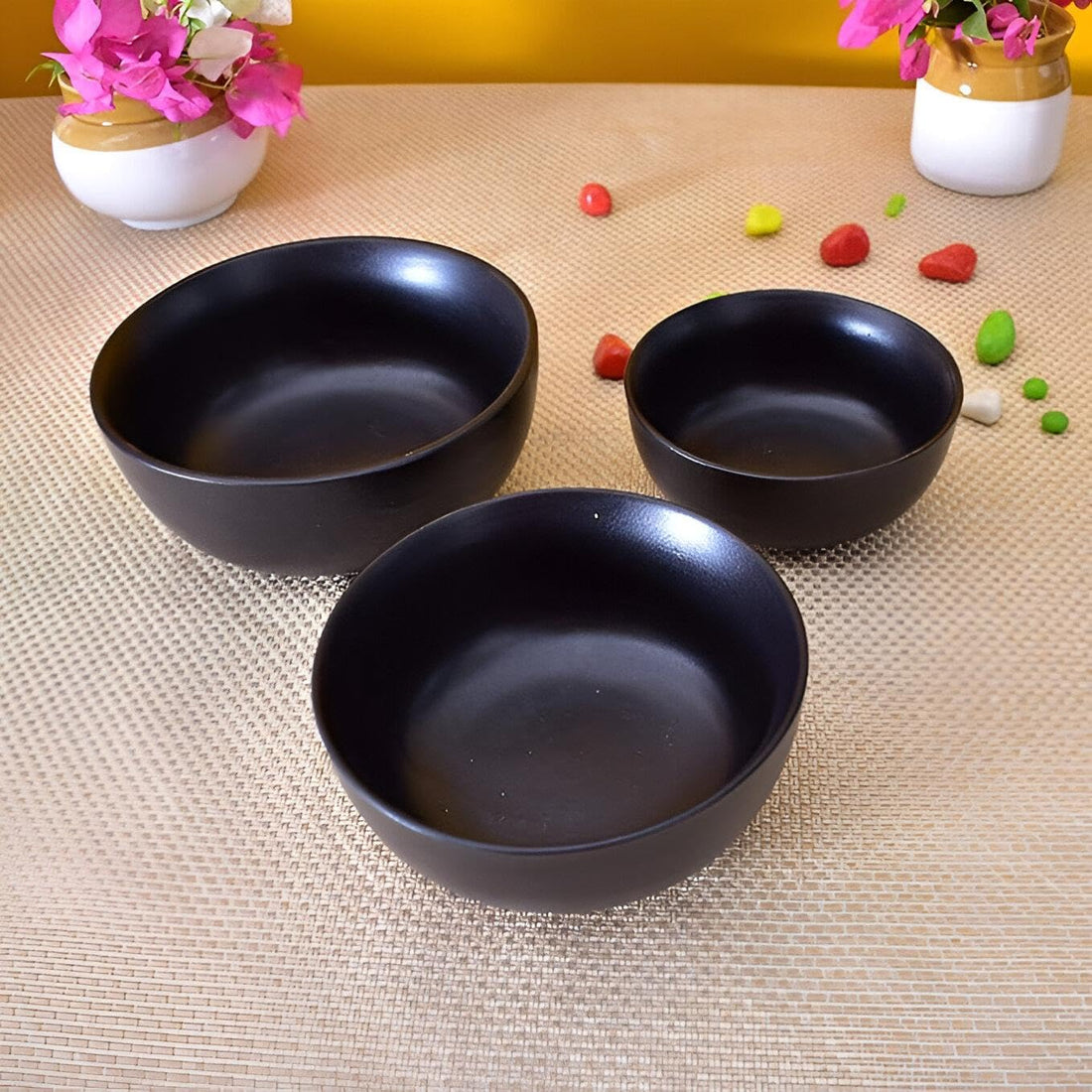 Large Black Melamine Round Bowl, Heavy Mixing Bowls, Healthy Japanese Melamine Bowl, Classic Japanese Ramen Bowl, Melamine Round Ramen Dish, Pasta Soup Bowl (3 Piece Large-Medium-Small)