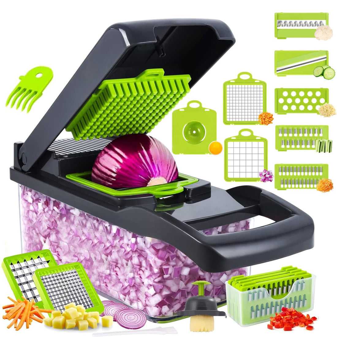 15-in-1 Vegetable Chopper,Vegetable Chopper with container,Slicer, Dicer & Cutter for Kitchen – Food Processor with Container for Onion,Tomato,Potato,Fruits – Easy Clean & Storage