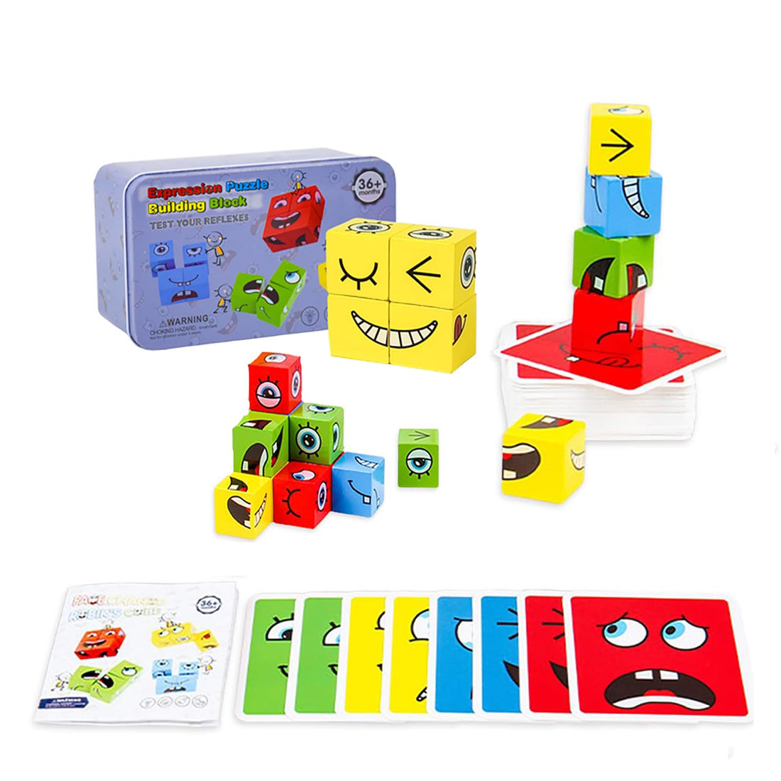 Faces Puzzle, Emoji Building Cube Expression Wooden Puzzle Wooden Face Cube Expression 3D Puzzle Face-Changing Montessori Wooden Toy with Cards for Children for Birthday Gift Halloween Christmas