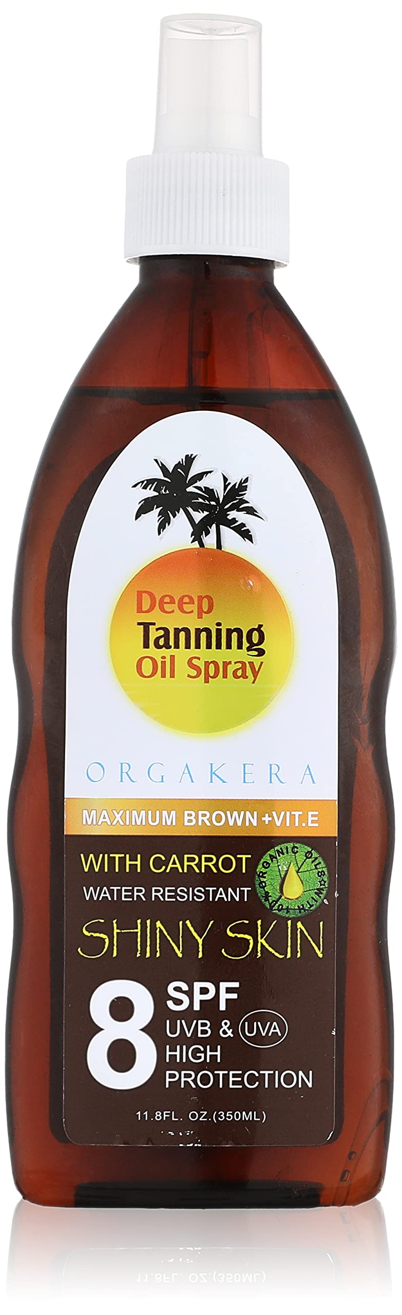 Orgakera deep tanning oil spray maximum brown with vitamine.e with carrot water resistant shiny skin 8 spf uvb&uva high protection 100% natural-brown-350ml