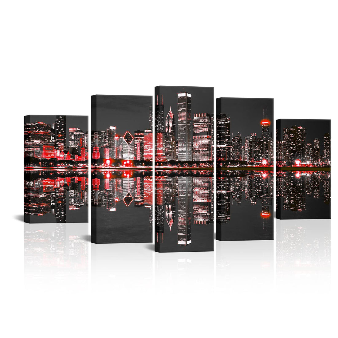 Nachic Wall 5 Panel Chicago Skyline Art Canvas Modern Black and Red City Night Picture Prints Cityscape Painting for Home Office Living Room Decor Framed Artwork Ready to Hang (Red, Large)