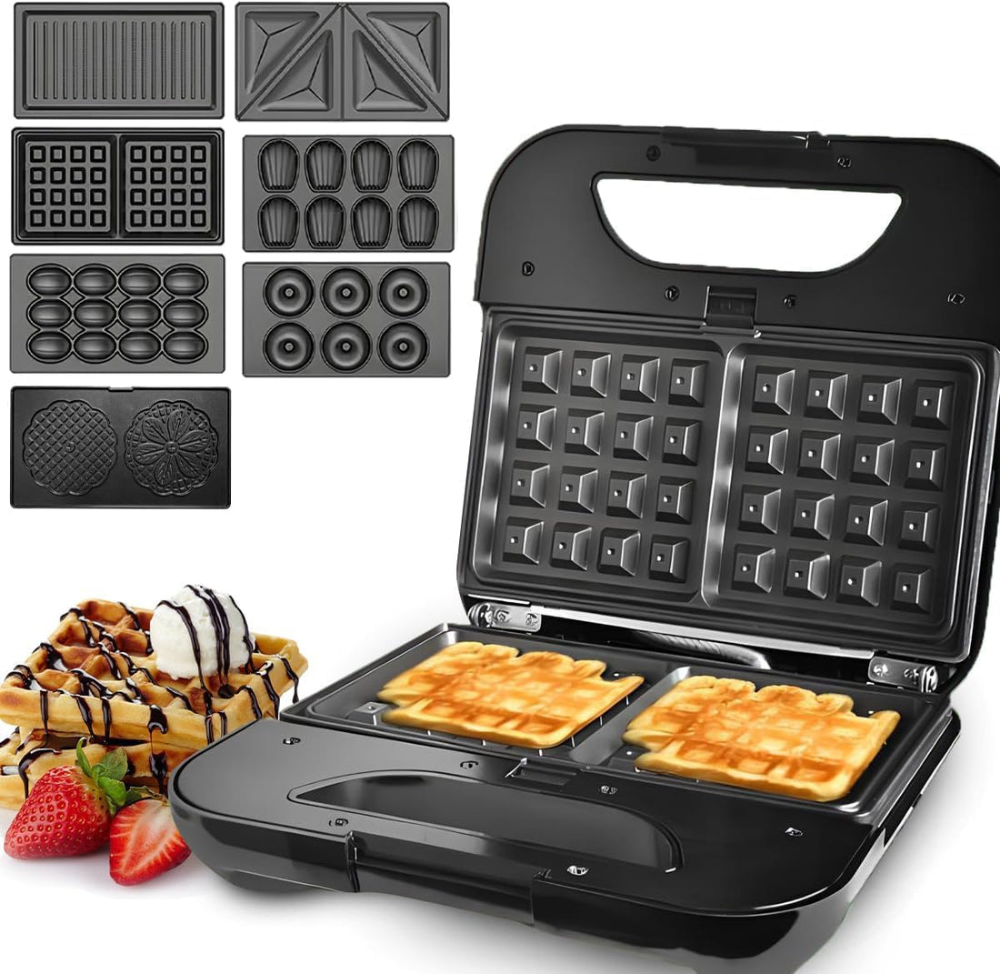 dsp waffle maker machine 7 in 1, 800W Stainless Steel, Removable Plates (Waffle, Grill, Donut, Triangle, Olive, Shell), Non-Stick Coating, Indicator Light, Easy to Clean, Non-Slip Feet, KC1162