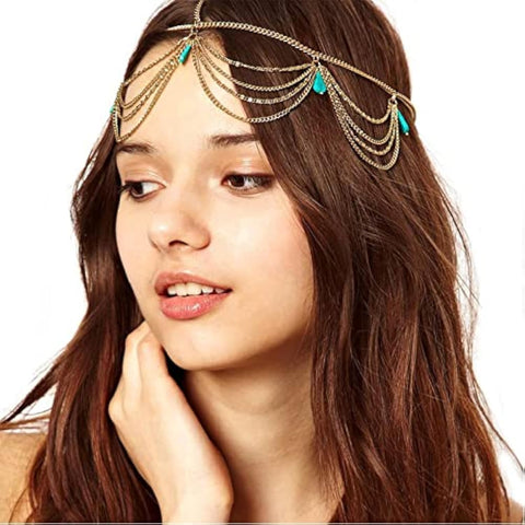 Boho Forehead Head Chain Wedding Headdress Headband Hair Chain Jewelry Headpiece Hair Accessories for Women (Tassel)