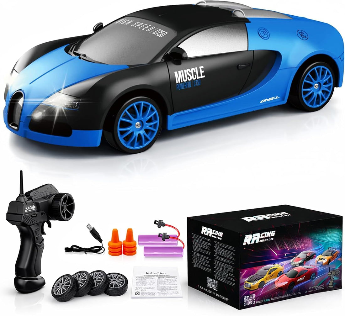 TOYS LAND 1:24 RC Drift Car, 2.4GHz Remote Control Car, 15KM/H High Speed 4WD Racing RC Cars with Extra Tires, LED Lights & 2 Rechargeable Batteries, Sport Vehicle Toy for Adults kids Boys Girls 6+