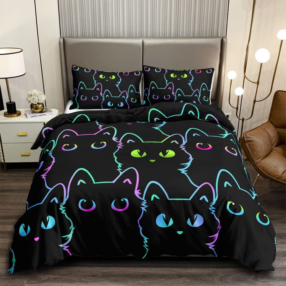 HOSIMA Duvet Cover Set for Kids, Adults, Black Cat Printed Duvet Cover Set, Black Bedding Set with Pillowcase, 200 x 200 cm
