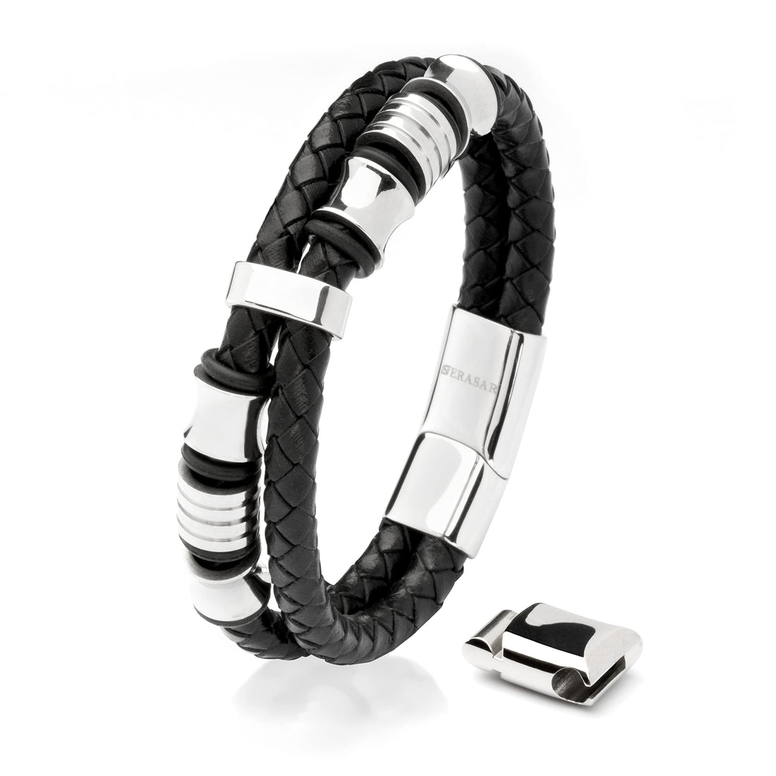 SERASAR Premium Leather Bracelet for Men - Magnetic Stainless Steel Clasp in Black, Silver and Gold - With Jewelry Box - Great Gift Idea