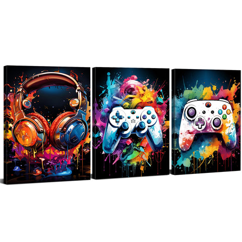 Gaming Wall Art for Boys Room Decor Colorful Gaming Poster Watercolor Canvas Prints Graffiti Gamepad Headphones Pictures Street Pop Artwork for Game Room Bedroom Playroom Home Decoration 30x40cm 3Pcs