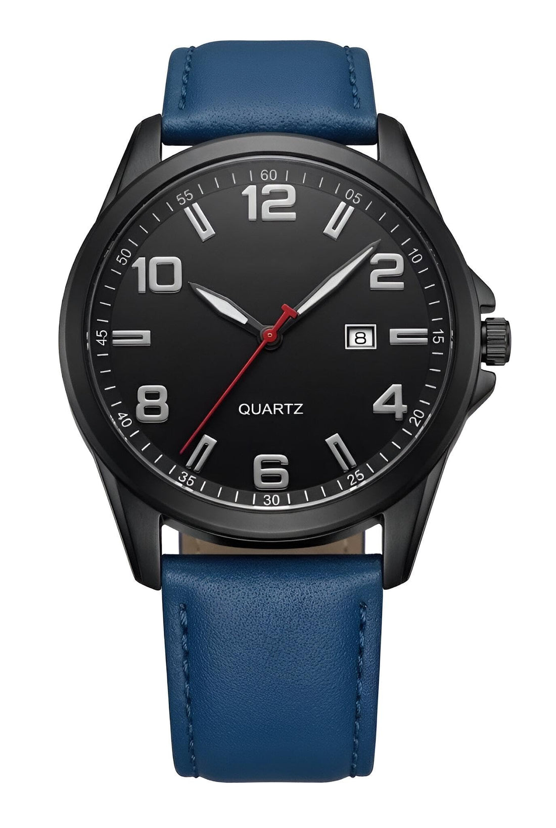 Men's quartz wristwatch with a polished steel case, multicolor leather strap, slim and elegant design, clear date display, suitable for daily wear and special occasions.