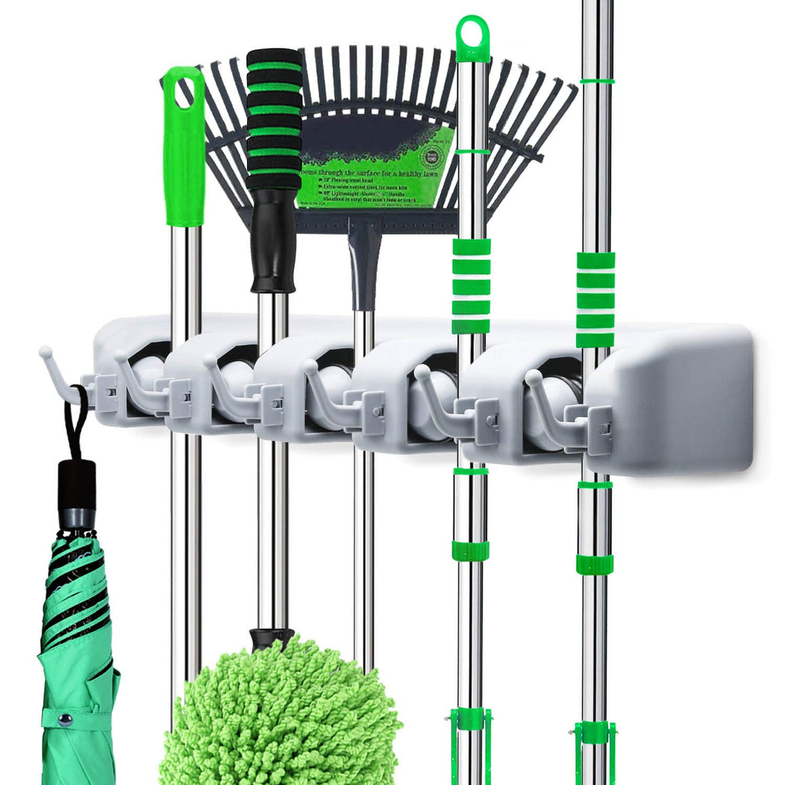 Wall holder wall mounted - mop and broom hanger holder - garage storage rack & garden tool organizer - 5 position 6 hooks for home, kitchen, garden, tools, garage organizing