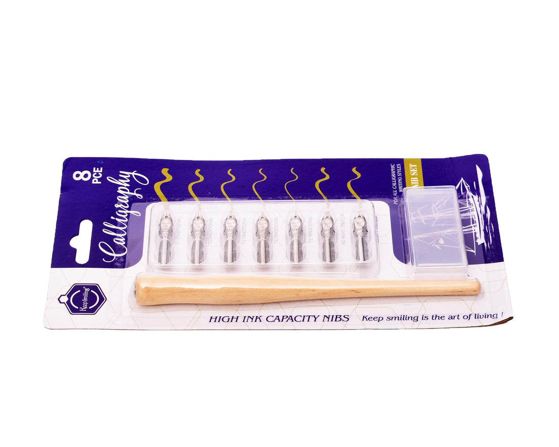 Keep Smiling E-0354 Calligraphy Set of 8 pcs Pen With 7 Nibs Set For Signature and Decorative Writing - Wood Silver