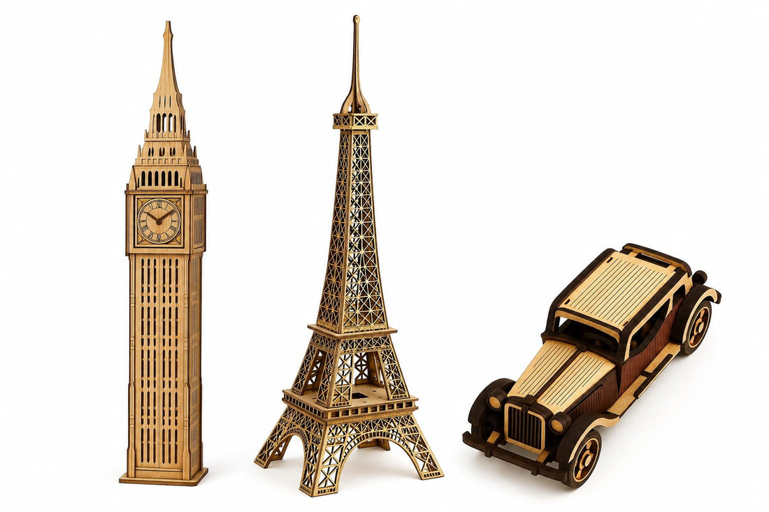 Wooden Decor Set, 3 Pieces, Eiffel Tower, Big Ben Clock and Classic Car, Unique Gift for Home Office