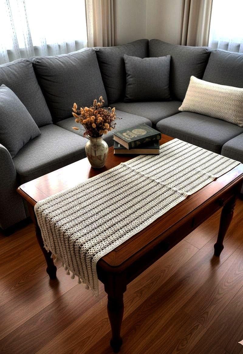 Handcrafted Macrame Table Runner, Natural Cotton Knit, 130 x 45 cm, Decorative with Tassels for Dining Table, Stand, Vanity .flo