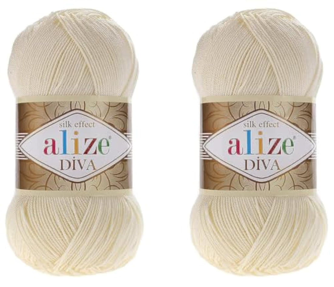 Alize Diva Hand Knitting Yarn - 100% Microfiber Acrylic With Silk Effect - Crochet Art Lace Craft - 2 Skeins, 200gr, 767 Yds (01-Cream)