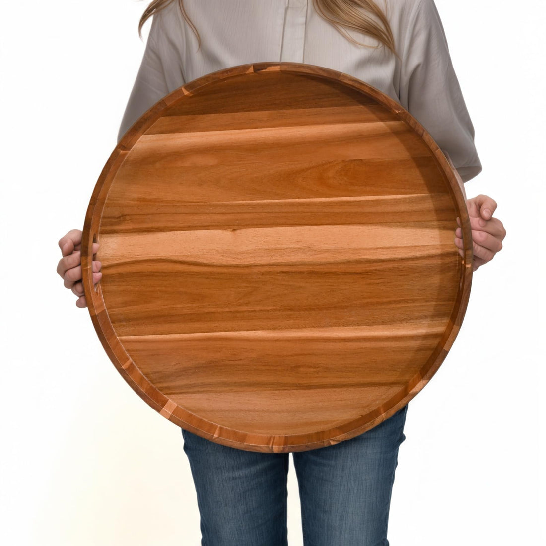 20" Extra Large Round Acacia Wood Serving Tray - Heavy Duty Ottoman & Coffee Table Organizer, Decorative Countertop Tray