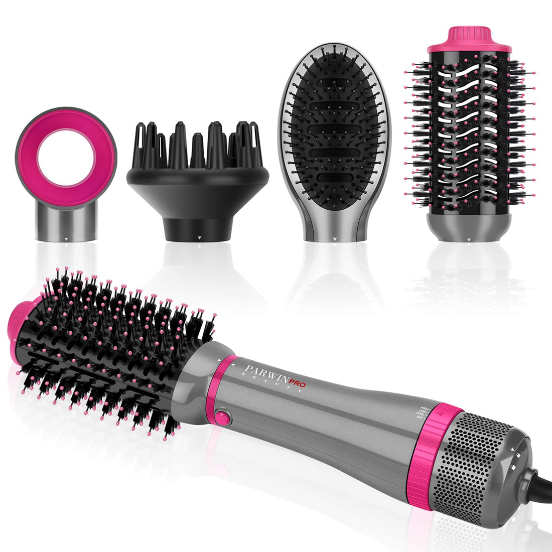 PARWIN PRO BEAUTY 4 IN 1 Styler Set, Hot Air Brush Hair Dryer, Volume Brush with 4 Attachments for Smooth, Drying, Volume and Styling, Ion Care, 1000 Watt