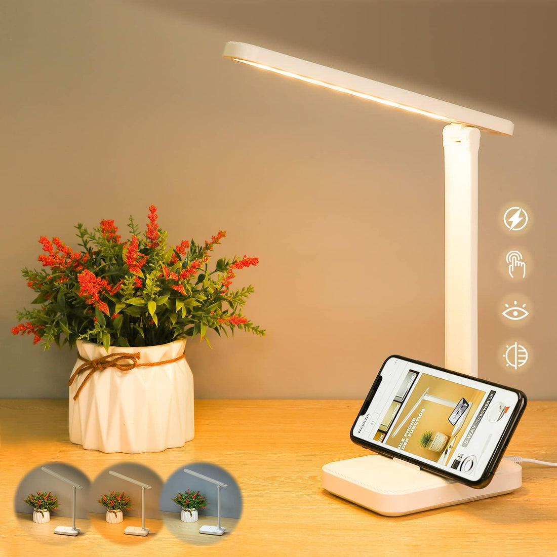 LED Desk Lamp - Table Lamp, Touch Control Reading Lamp, No Flicker, Continuous Dimming, 3 Colour Temperature Levels, Eye Protection, USB Interface DC5V 1A, Lamps for Office