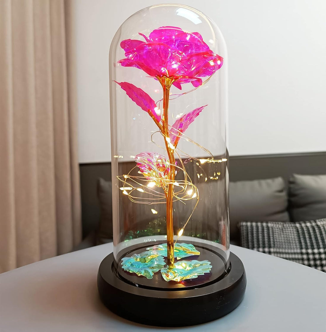 Rose in Glass, Eternal Rose in Glass with LED Light, Beauty and The Beast Rose, Artificial Flower Rose, Romantic Gifts for Girlfriend, Valentine's Day, Birthday, Wedding, Decor (Rose Pink)
