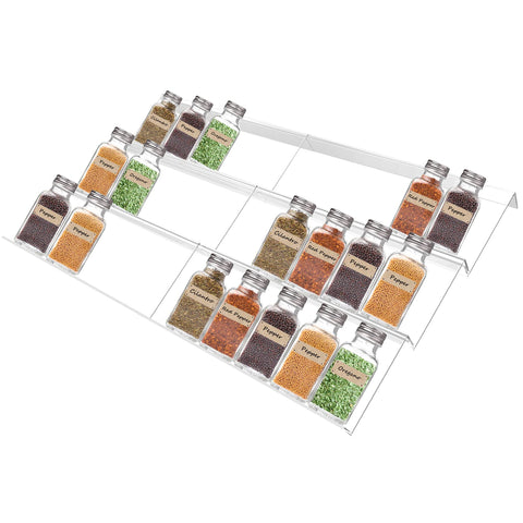 Acrylic Spice Rack Tray Drawer Organizer Clear Invisible Spice Rack Expandable Spice Drawer Organizer Spice Drawer Organizer Insert for Cabinet Pantry Countertop,3-Tier,2 Pack(Large)