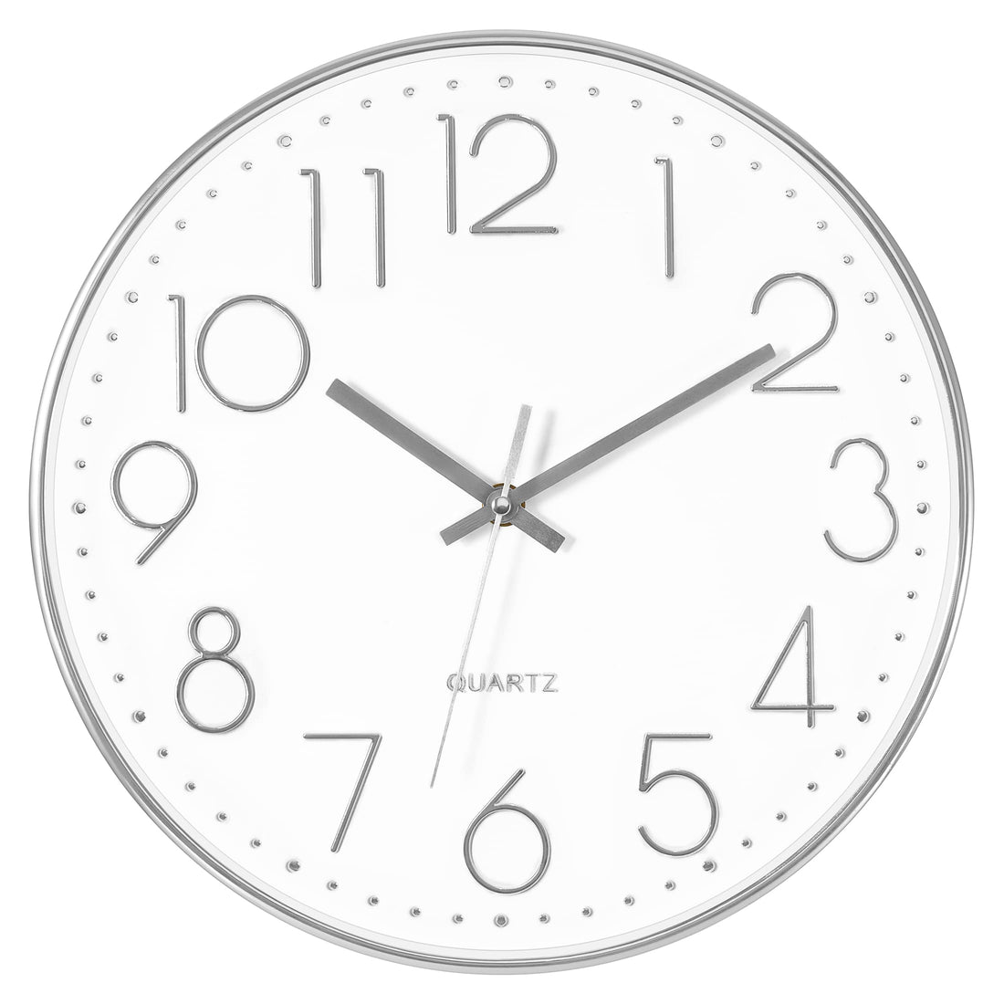 Foxtop Silver Wall Clock Silent Non-Ticking Battery Operated Round Modern Wall Clock for Office School Home Living Room Bedroom Bathroom Kitchen Decor 12 inch