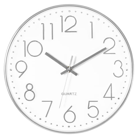 Foxtop Silver Wall Clock Silent Non-Ticking Battery Operated Round Modern Wall Clock for Office School Home Living Room Bedroom Bathroom Kitchen Decor 12 inch