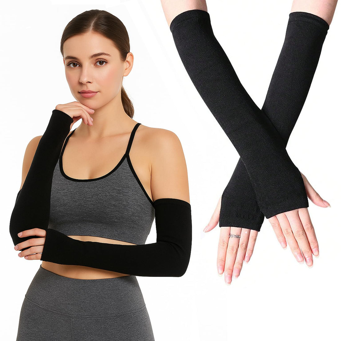 THE PACK Pair Winter Fingerless Long Knit Gloves Thumb Piercing Arm Warmer Gloves for Women Girls