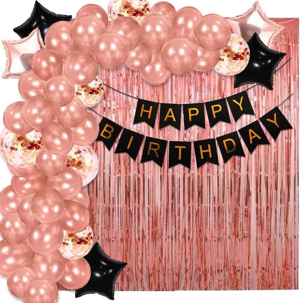 Party Propz Rose Gold Birthday Decoration Kit - Set of 69 Pcs With Confetti Rubber Balloons, Black Banner (Cardstock) - Decoration for Wife
