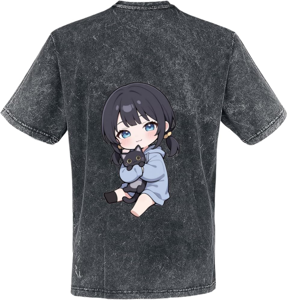 Cute Anime Girl With A Black Cat T-shirt washed back