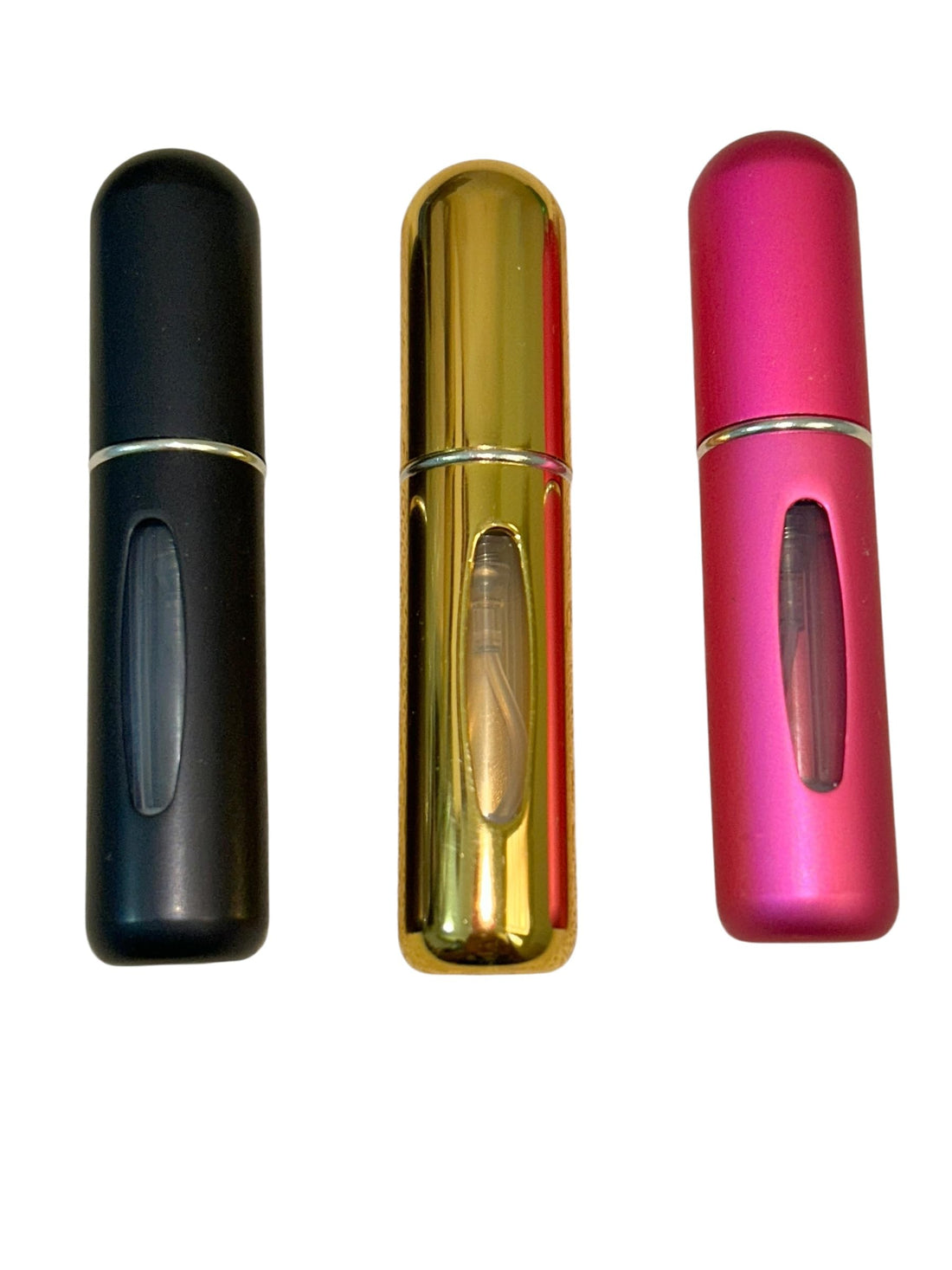 Metallic Travel a portable, refillable perfume atomizer, ideal for travel or carrying your favorite fragrance on the go Set, 3 Colours - pink, gold, black