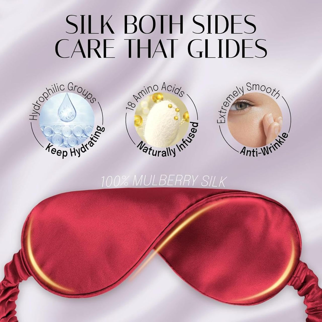 Mulberry Silk Sleep Mask, Dark Red, Ergonomic Nose Contour, 20.5-23 Inches Adjustable Elastic Band, 3.5cm Height, for Adult Sleeping and Travel