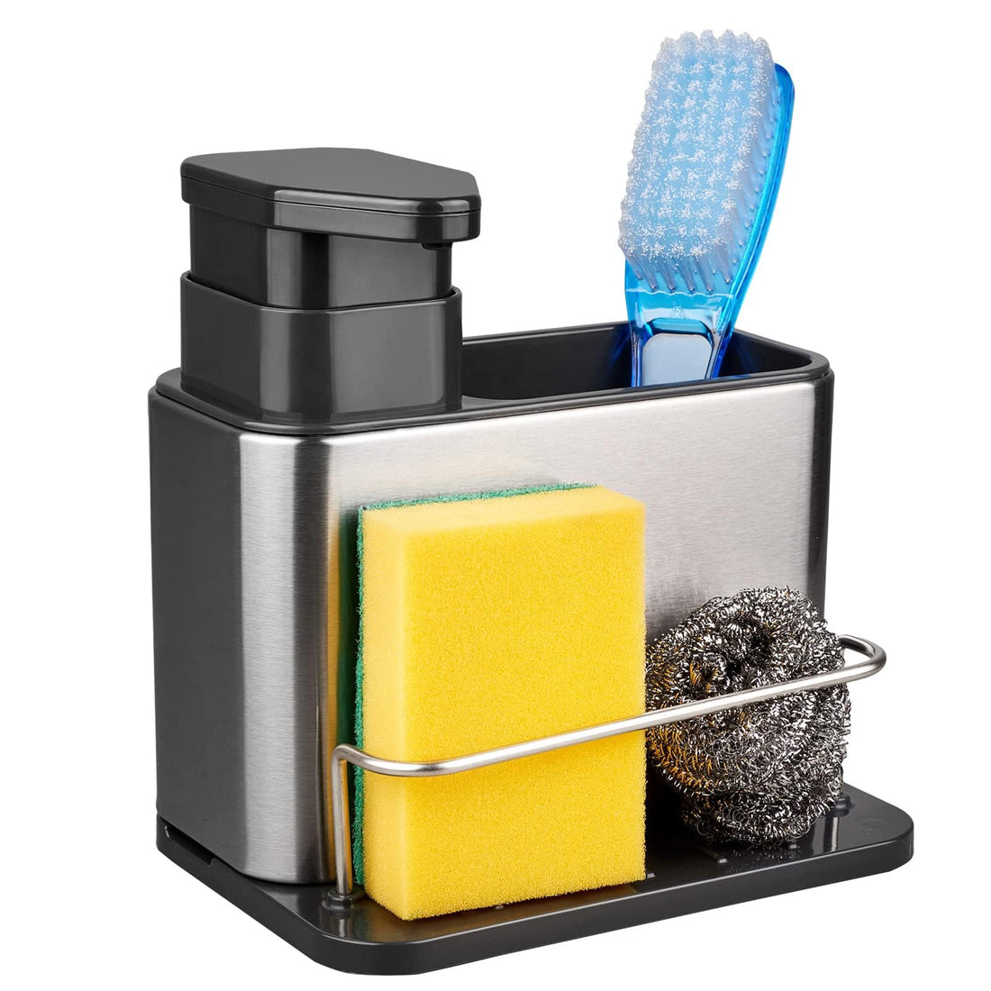 Soap Dispenser, 3-in-1 Sponge And Brush Holder, Caddy, Stainless Steel Organizer For Kitchen Sink, Tray Drainer Rack, Rustproof Dish, Countertop
