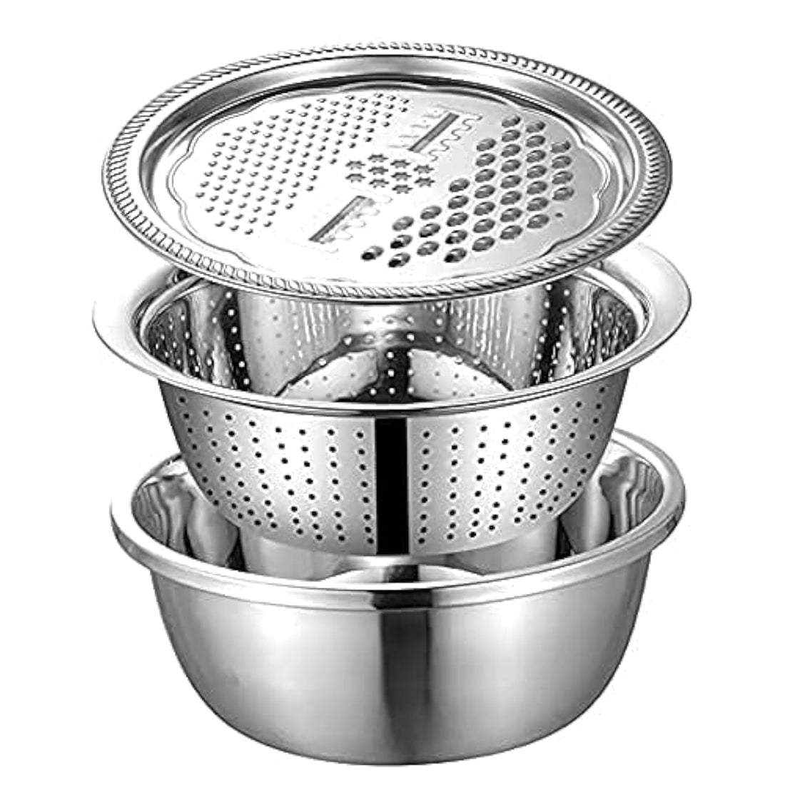 SHREVI 11 Inch Stainless Steel Drain Basket Vegetable Cutter, 3 in 1 Kitchen Multipurpose Julienne Grater - Salad Maker Bowl