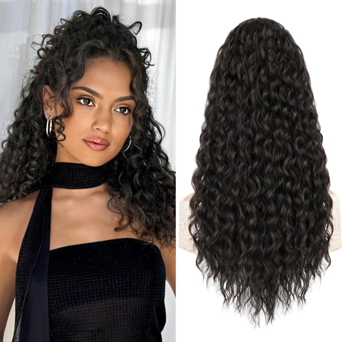 ColorfulPanda 18 Inch Ponytail Extension Ponytail Hairpiece Hair Extension with Drawstring Long Wig Natural Afro Curly Ponytail for Braid (Natural Black)