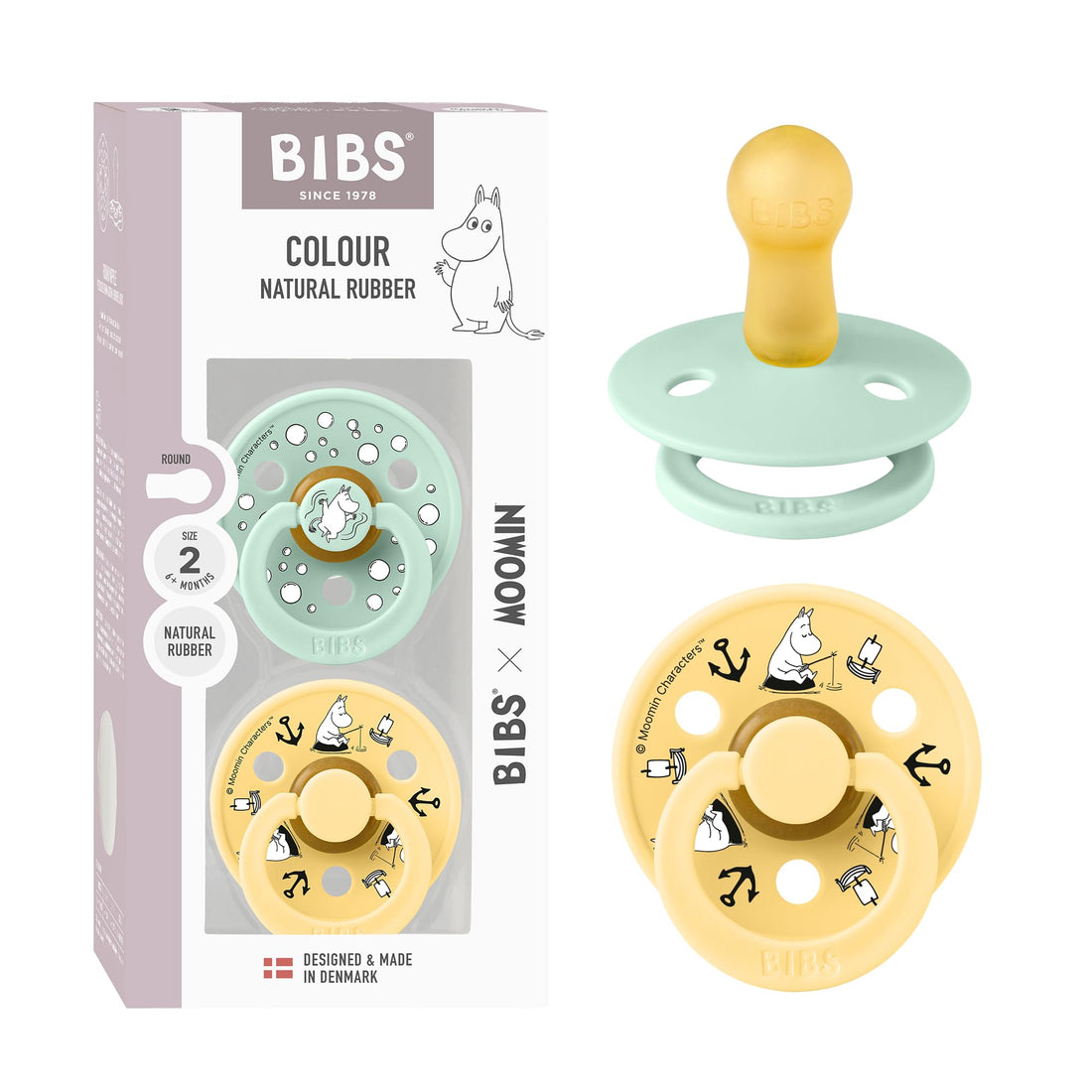 BIBS Colour Moomins Pacifier 2-Pack, BPA Free Pacifier, Round Natural Rubber Latex, Made in Denmark, Size 2 (6-18 Months), Nordic Mint/Pale Butter