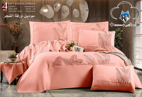 100% cotton bed sheet set size (225 * 260) with leaf embroidery, floral scent, empire (watermelon)