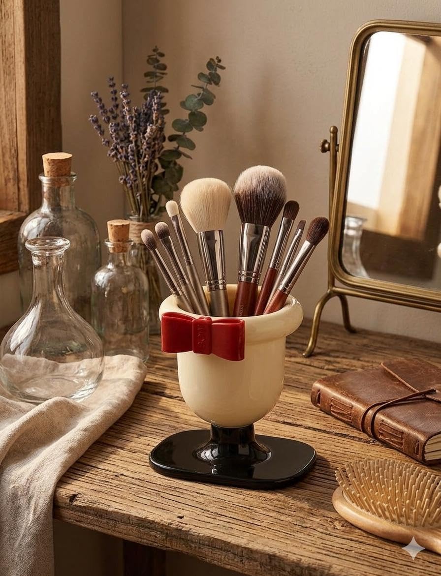 BRUSH HOLDER - Elegant corner organizer withdecorative bow, sturdy base for stability, holds makeup brushes, lipstick and eyeliner pens, creates a sophisticated and tidy look on your dressing table, m