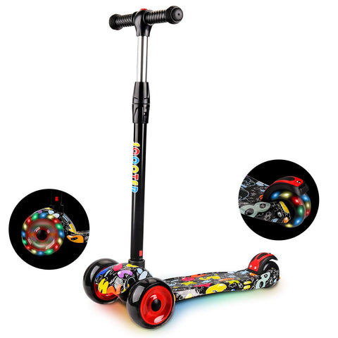 JRing 3 Wheels PU Scooter with LED Lights Illuminated for 3 to 14 Years of Boy and Girl, Height Adjustable from 66-82 cm with Rear Brake on Safe Board Maximum Load 50 kg (Grafitti)