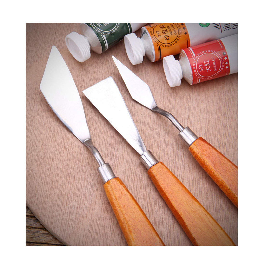 3 Piece Stainless Steel Art Blending Knife Set with Wooden Handle for Oil Painting Acrylic Watercolor Wenlai