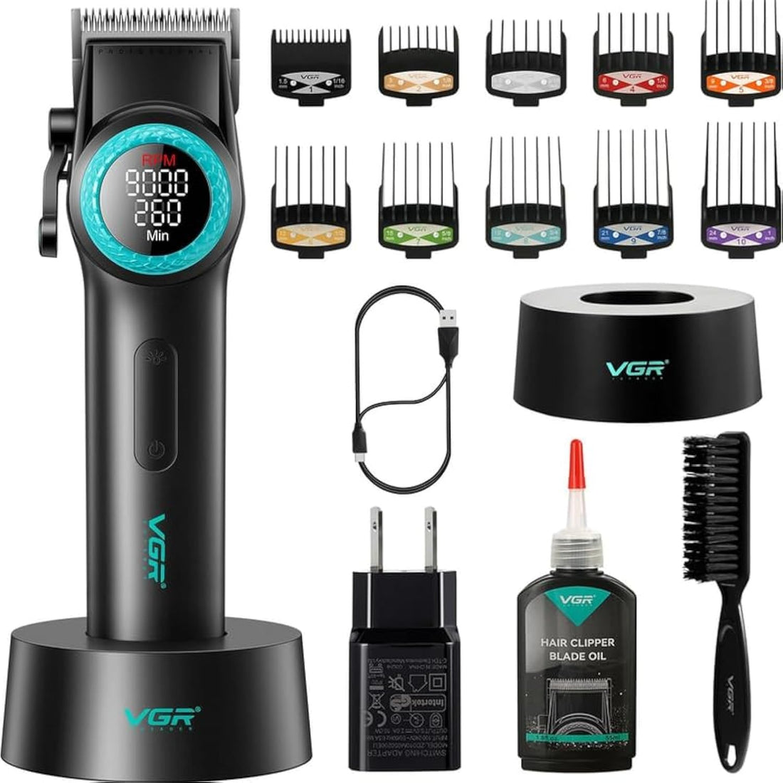 VGR V- 001 Ultra Premium 7000-9000RPM Professional hair clipper Taper lever 5 Level 10x combs 4600MAH battery adapter charging base 21-level speed change Digital display LED light 300 Min, Multi 3