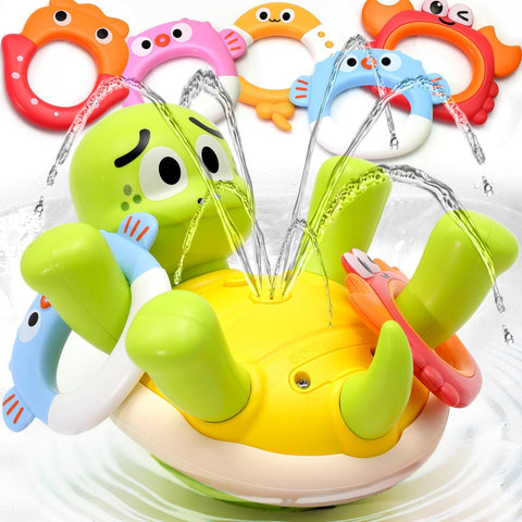Sizobi Baby Bath Toys, Rechargeable Turtle Bath Toy Sprinkler for Kids Toddler with 5 Rings, Bathtub Fountain Spray Toy for Baby, Pool Water Table Bath Toys for Kids Ages 1-3 4 5 6 Year Old Boys Gifts