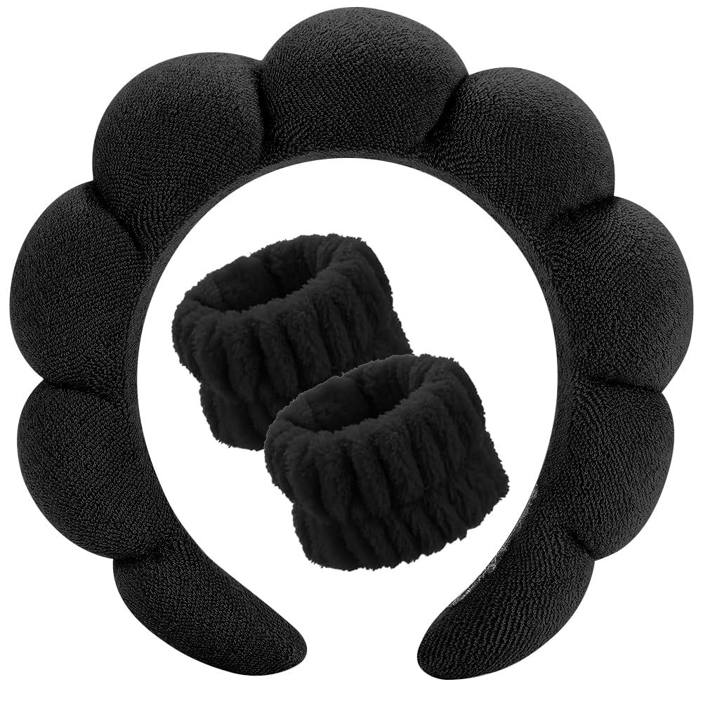 Spa Headband for Wash Face, Makeup Headbands, Wristbands set, Bubble Skincare Headband for Facial Hair Washing Headband, Terry Cloth Puffy Headbands for Mask Skin Treatment (Black)