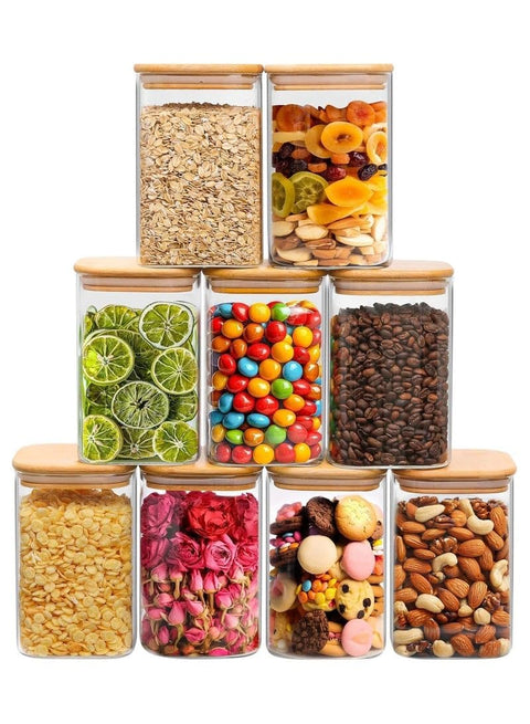 of 9 200ml glass storage jars with lids for storing spices, coffee, tea, cookies, nuts and seasonings.