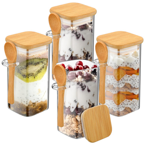 Pickmesh 4 Pack Overnight Oats Containers with Lids 10oz Overnight Oats Jars Oatmeal Cups Square Glass Meal Prep Container with Bamboo Lids and Spoons Glass Jar with Lid for Pudding Yogurt Cereal