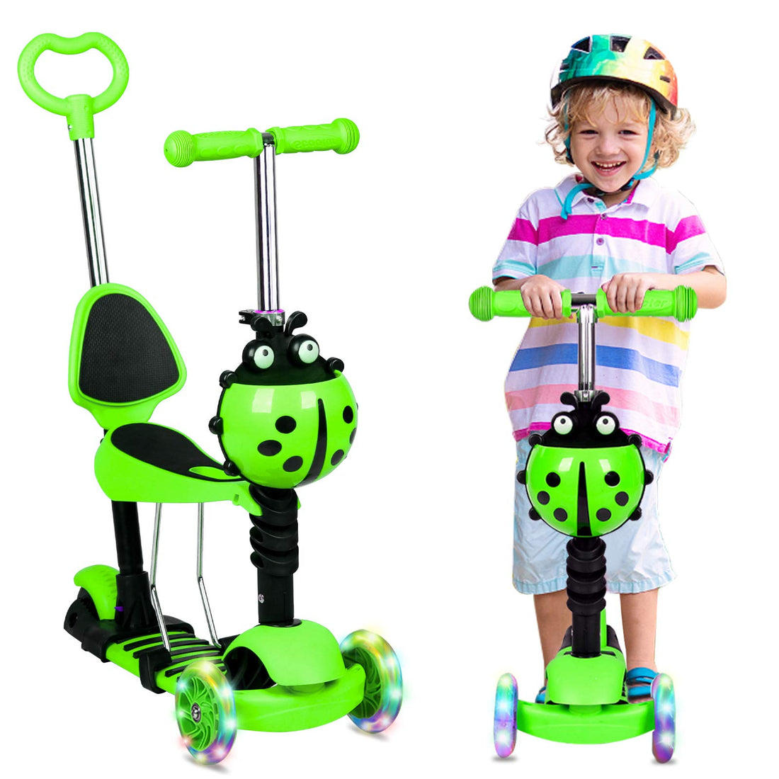 5 in 1 Kids Scooter, 3 Wheels Kick Scooter with LED Flashing Light, Adjustable Removable Handlebar & Seat & Push Handle for 2-8 Years Old Boys and Girls