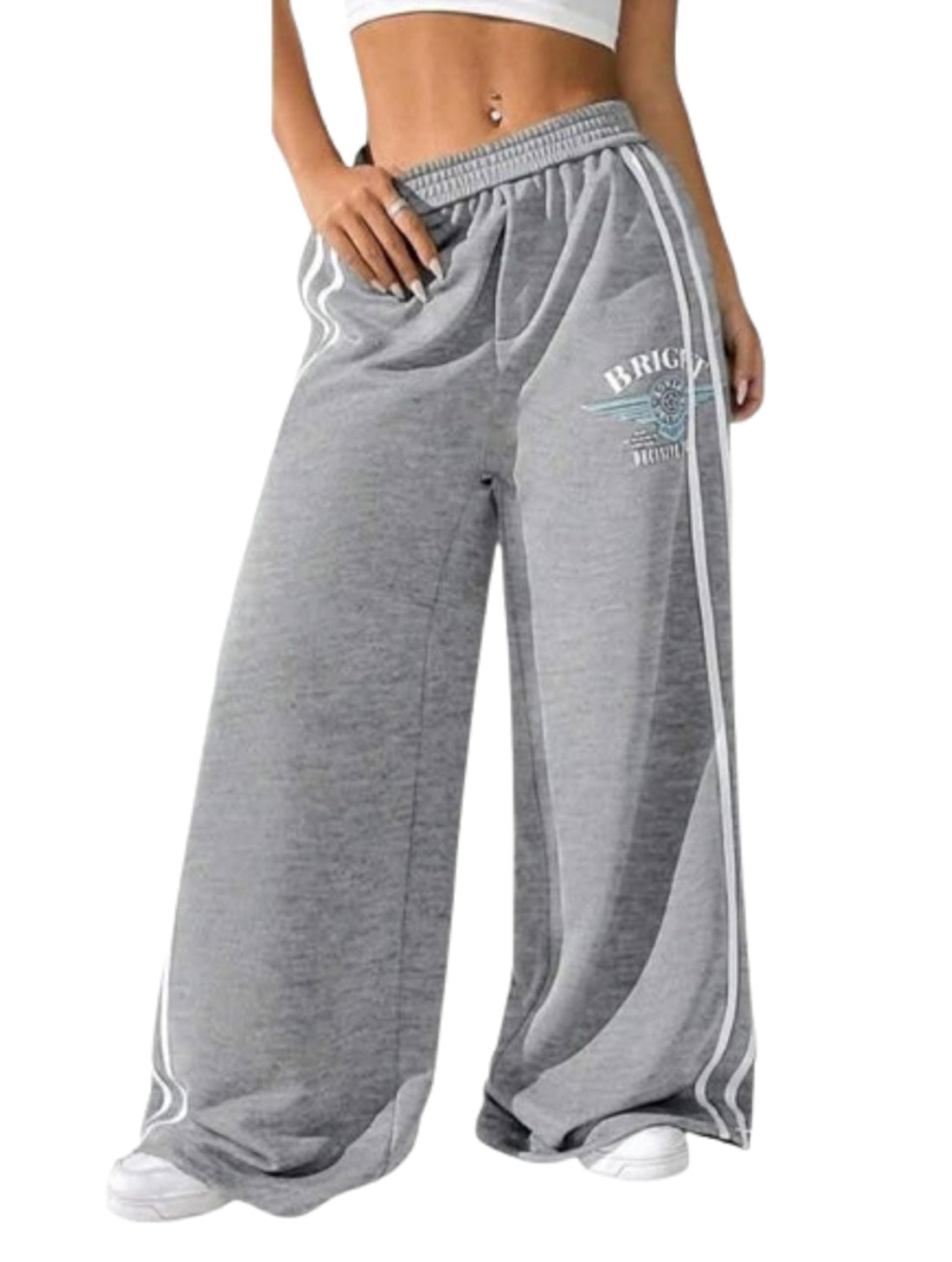 Mizah Elastic High Waist Wide Sweatpants with Side Stripe - Fashion Comfortable Everyday Wear and Sport Pants for Girls and Women