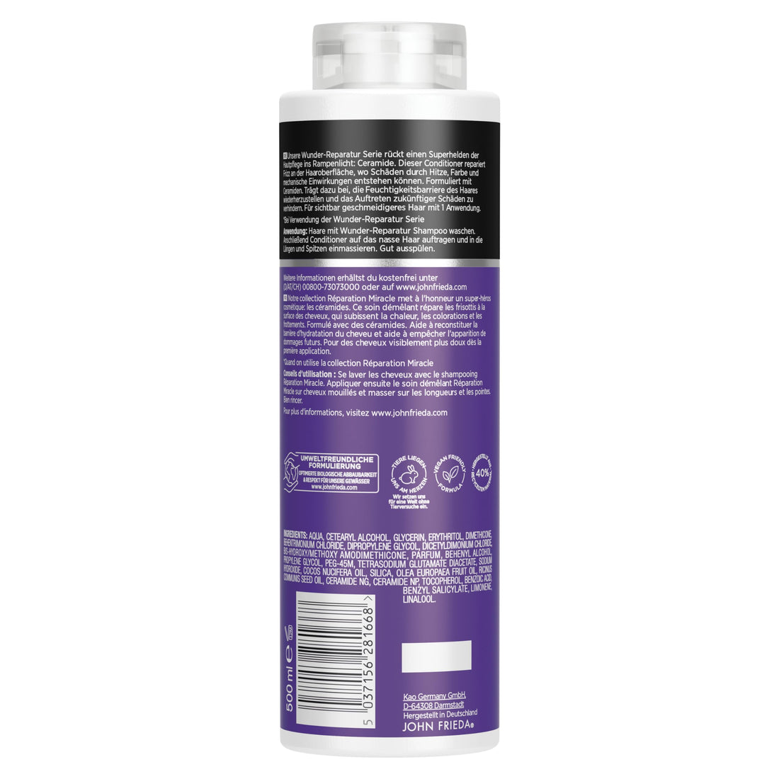 John Frieda Miracle Repair Conditioner - Value Size: 500 ml - Frizz Ease Series - Hair Type: Unruly, Damaged, Stressed - Cabinet Size