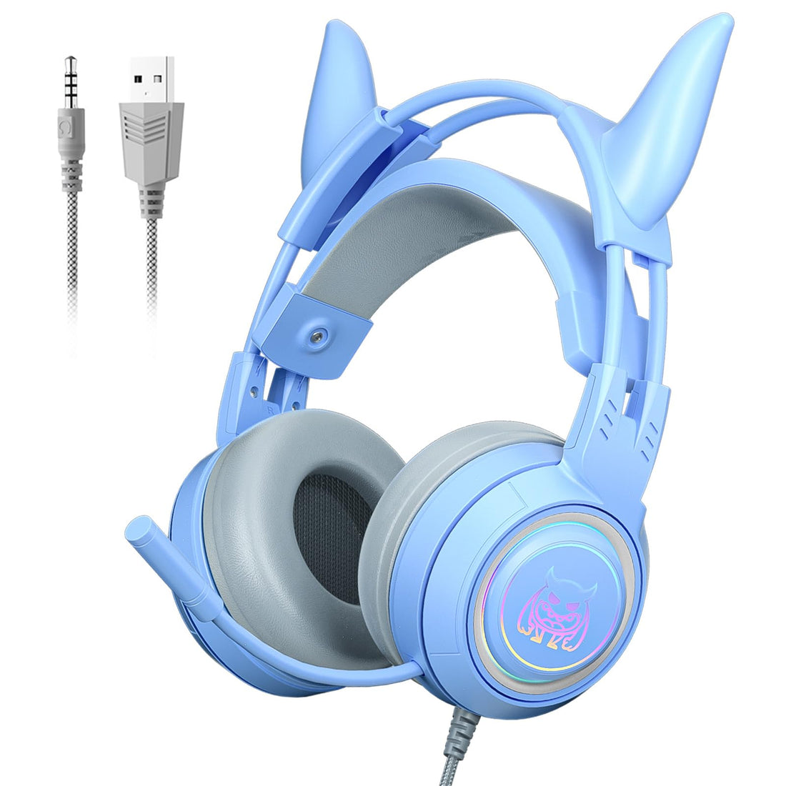Stereo Gaming Headset for PC Xbox One PS5 Switch, Wired RGB Headphones with Mic, Surround Sound, Soft Earmuffs, Noise Cancelling Over Ear Cute Headphones for Girls Kids,Blue Magic Ear
