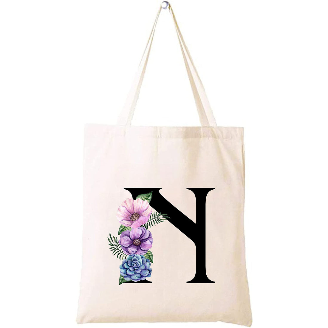 Eco-Friendly Canvas Cotton Tote Bag with Floral Design on Initial Letters Printed Bridesmaids Bags for Women- Reusable Shopping Bag, Party Gift Idea and Cotton Gift Bag