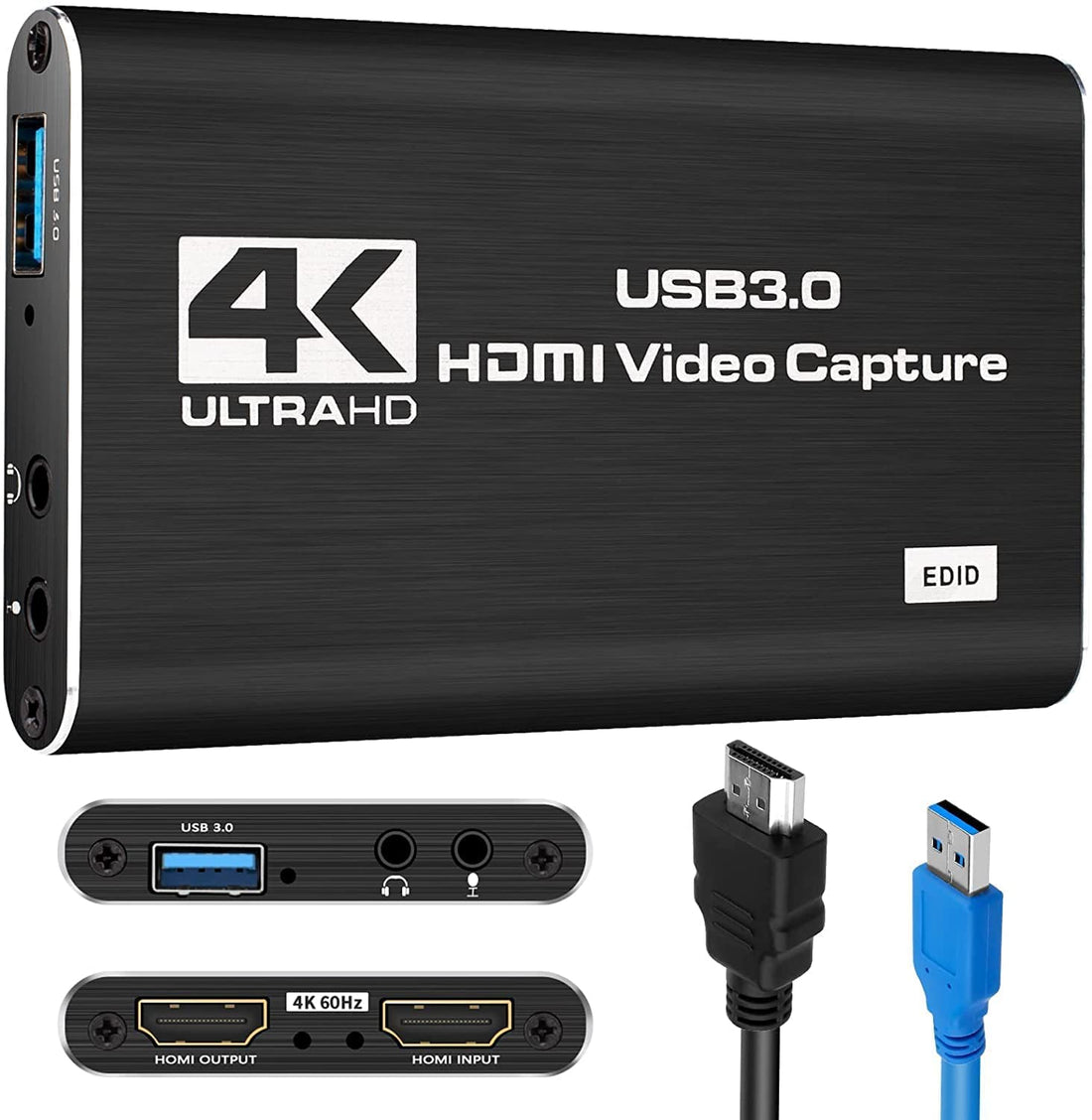 4K Capture Card, 1080P HDMI Audio Video Capture Card via DSLR Camcorder Computer PS4 X-box for Live Streaming Broadacast Video Recording Gaming USB 3.0 Video Capture Adapter Game Capture Device